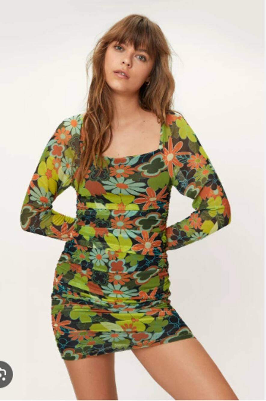 Nasty Gal retro mesh floral ruched long sleeve dress 2